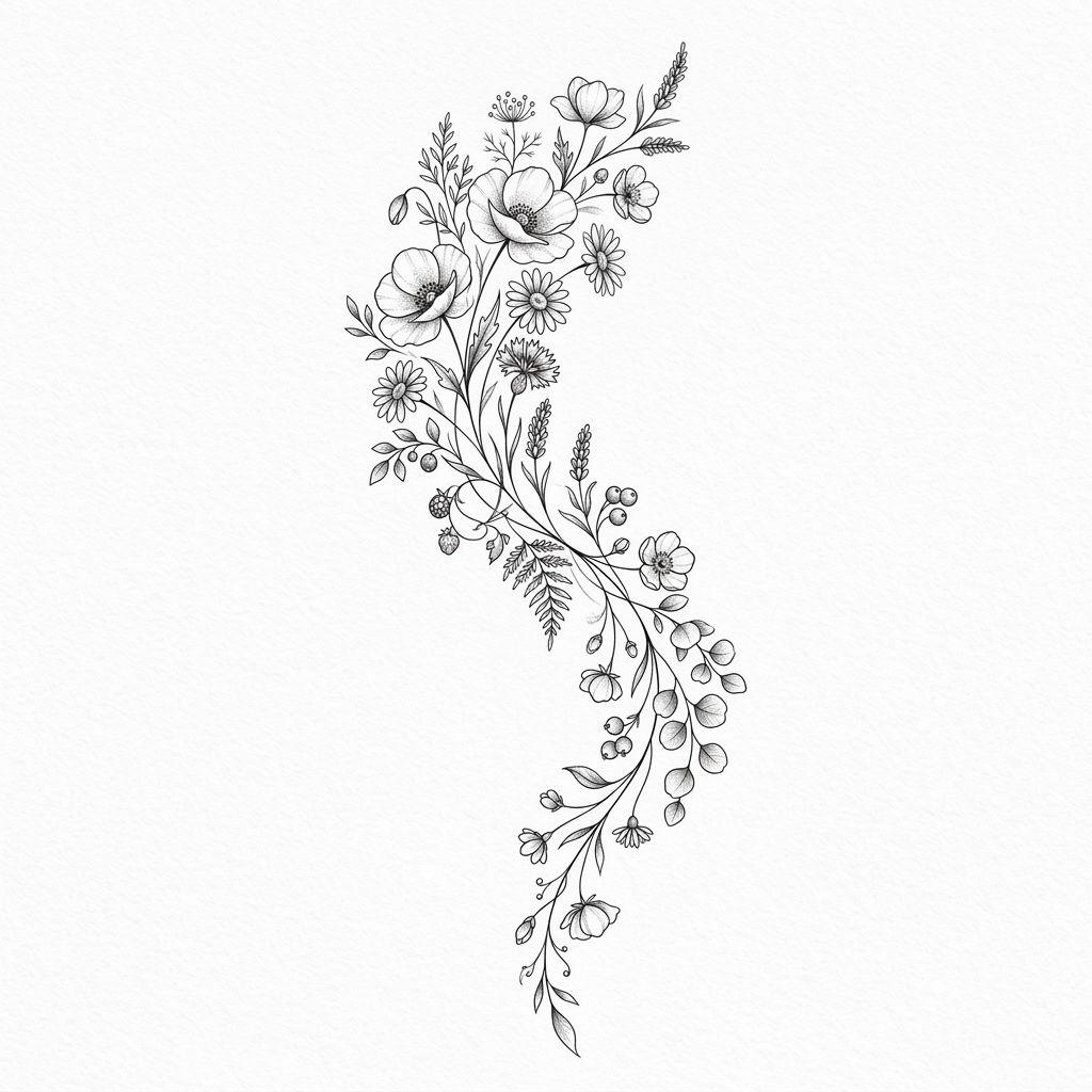 idée tatouage emplacement hanche florale, design sur fond blanc