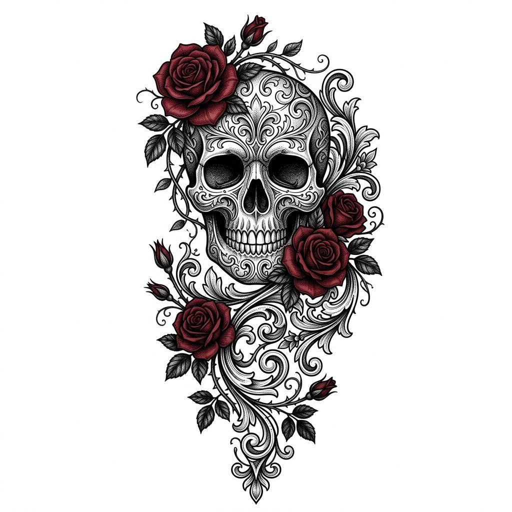 idée tatouage emplacement côtes crâne fleuri, design sur fond blanc