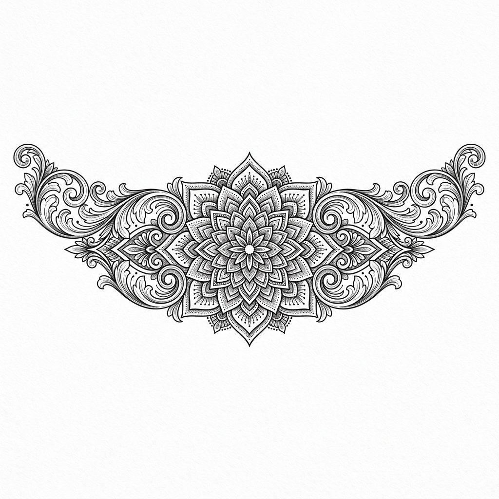 idée tatouage emplacement bas du dos mandala, design sur fond blanc