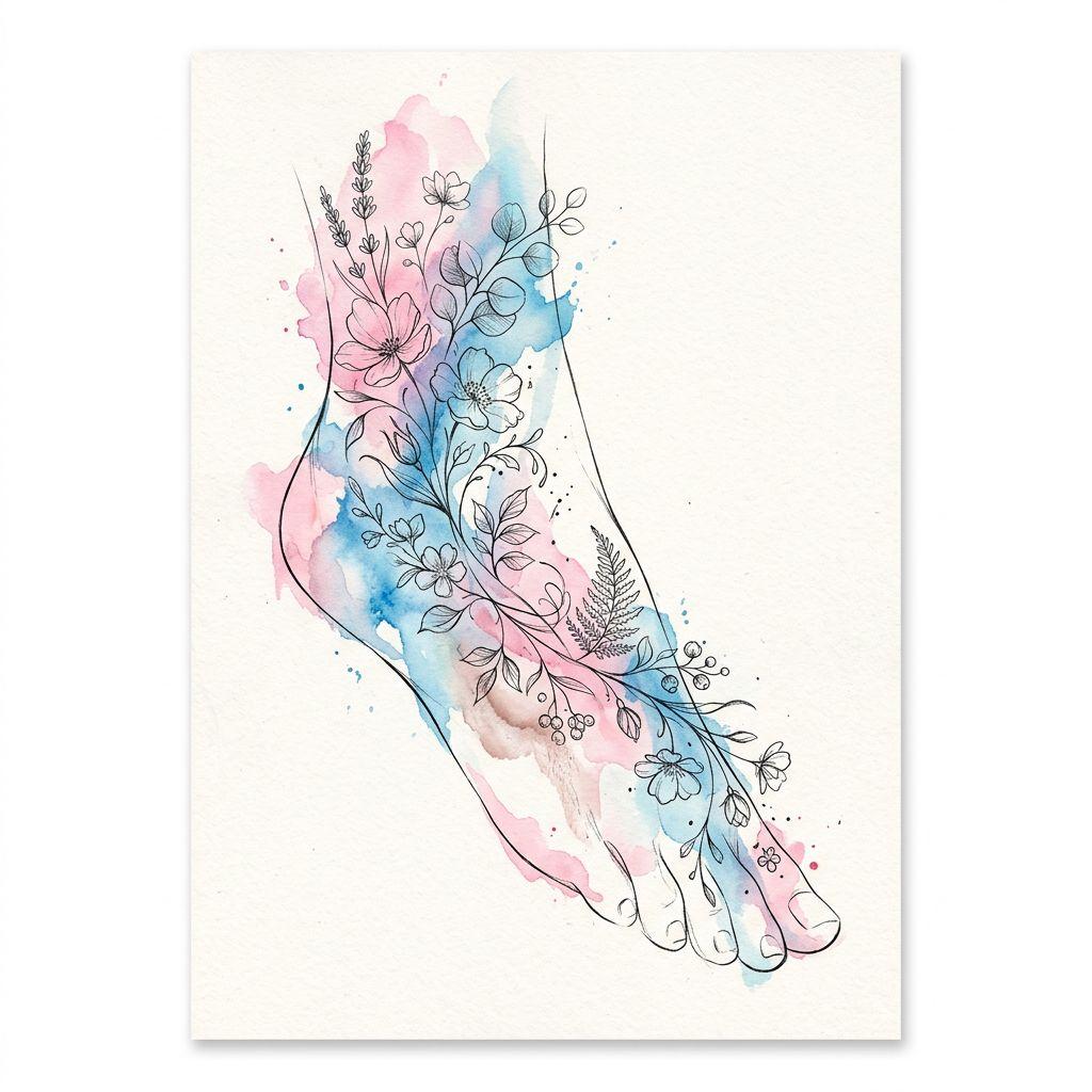 idée tatouage emplacement pied aquarelle, design sur fond blanc