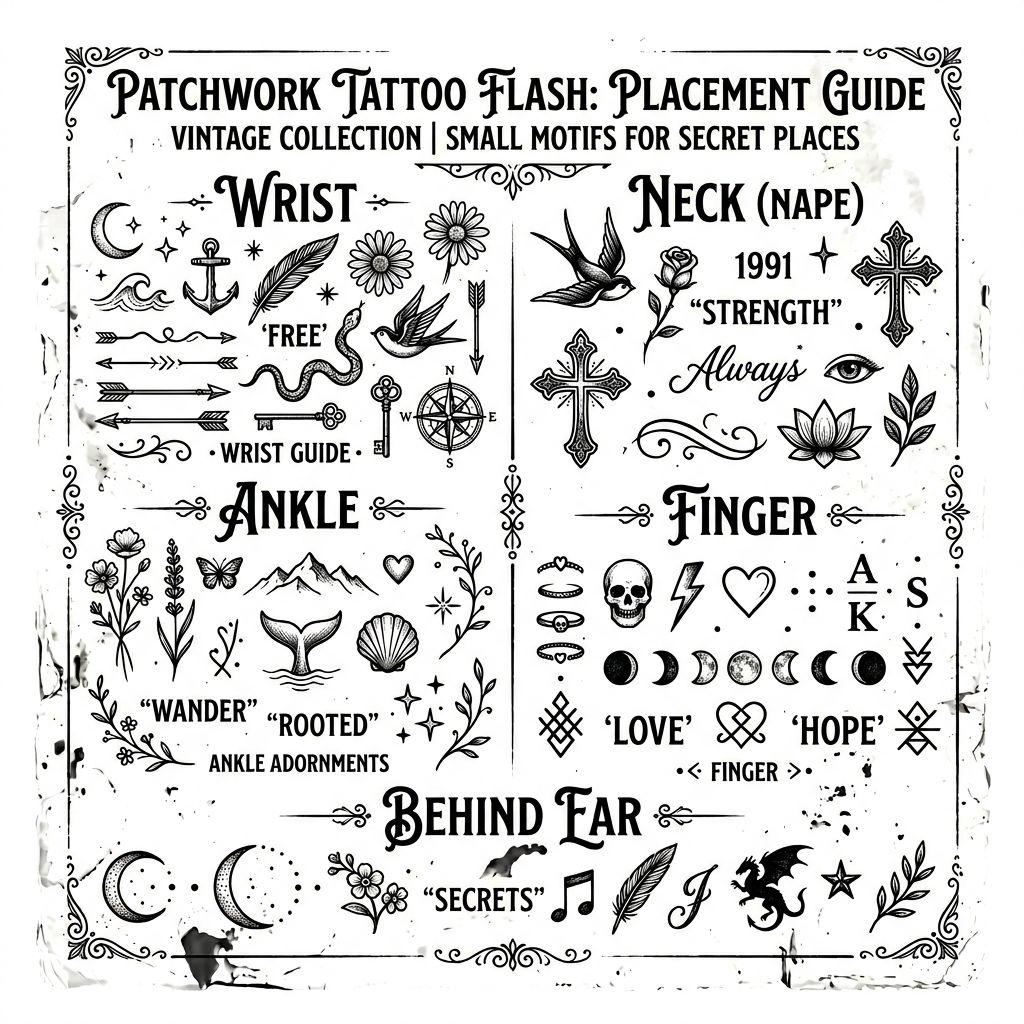 idée tatouage emplacement patchwork emplacements, design sur fond blanc