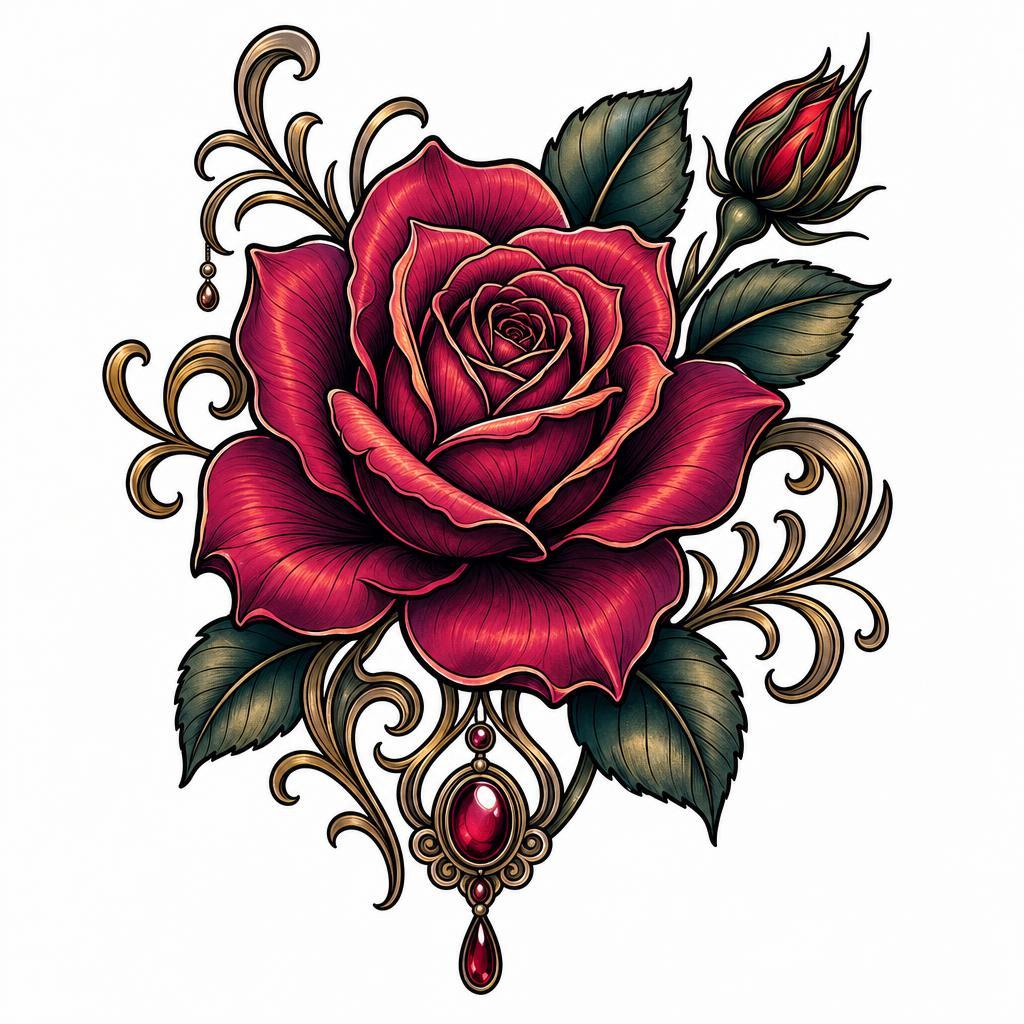 idée tatouage épaule rose néo-traditionnelle, design sur fond blanc
