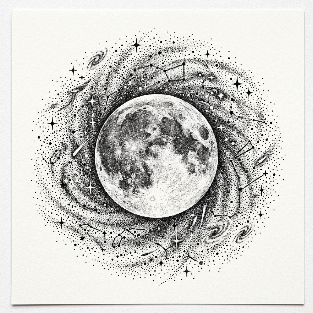 idée tatouage épaule lune dotwork mystique, design sur fond blanc