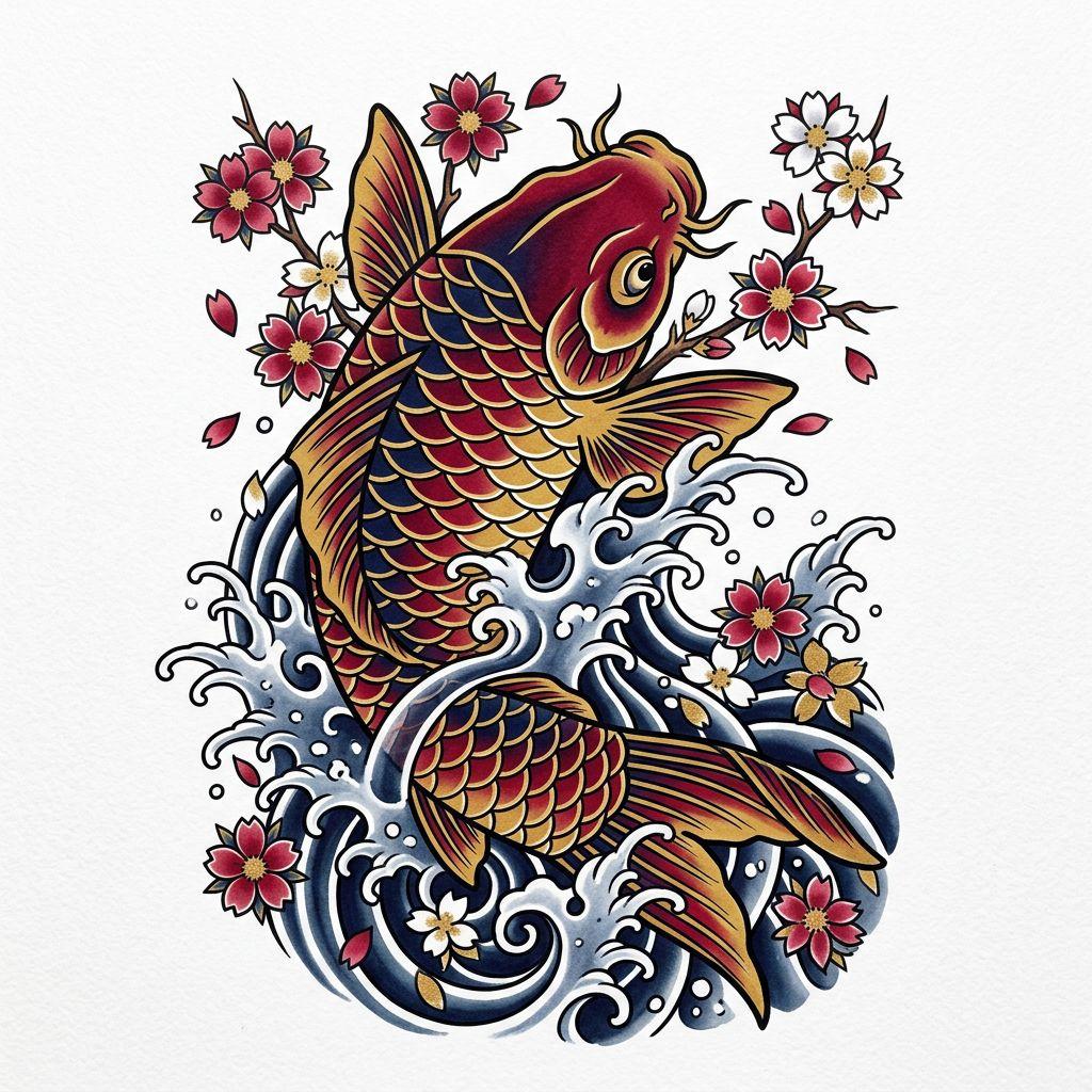 idée tatouage épaule carpe koï japonaise, design sur fond blanc