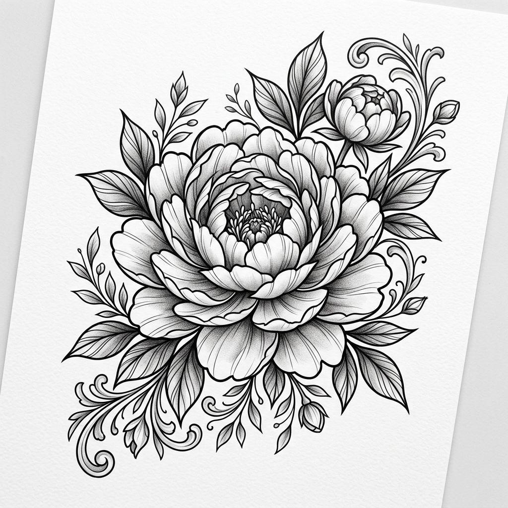 idée tatouage épaule pivoine florale détaillée, design sur fond blanc