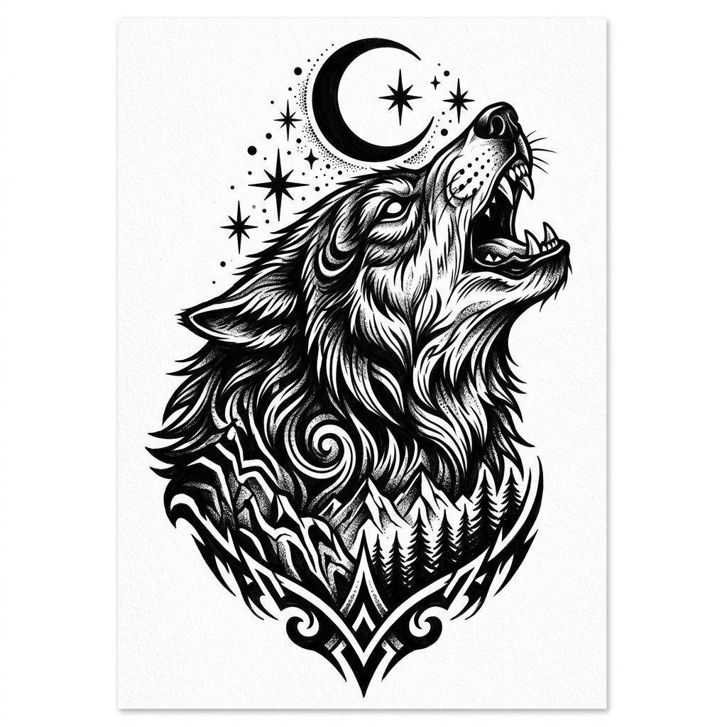idée tatouage épaule loup hurlant blackwork, design sur fond blanc