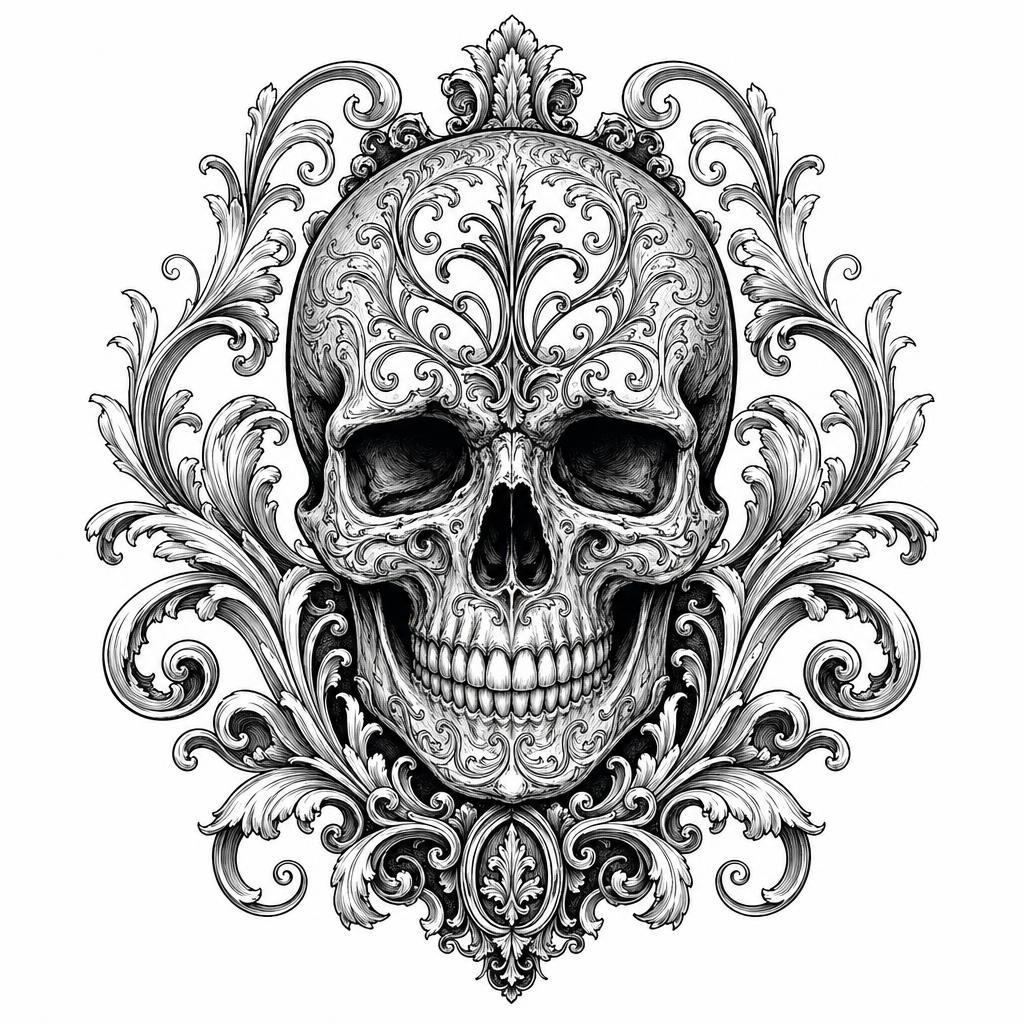 idée tatouage épaule crâne ornemental baroque, design sur fond blanc