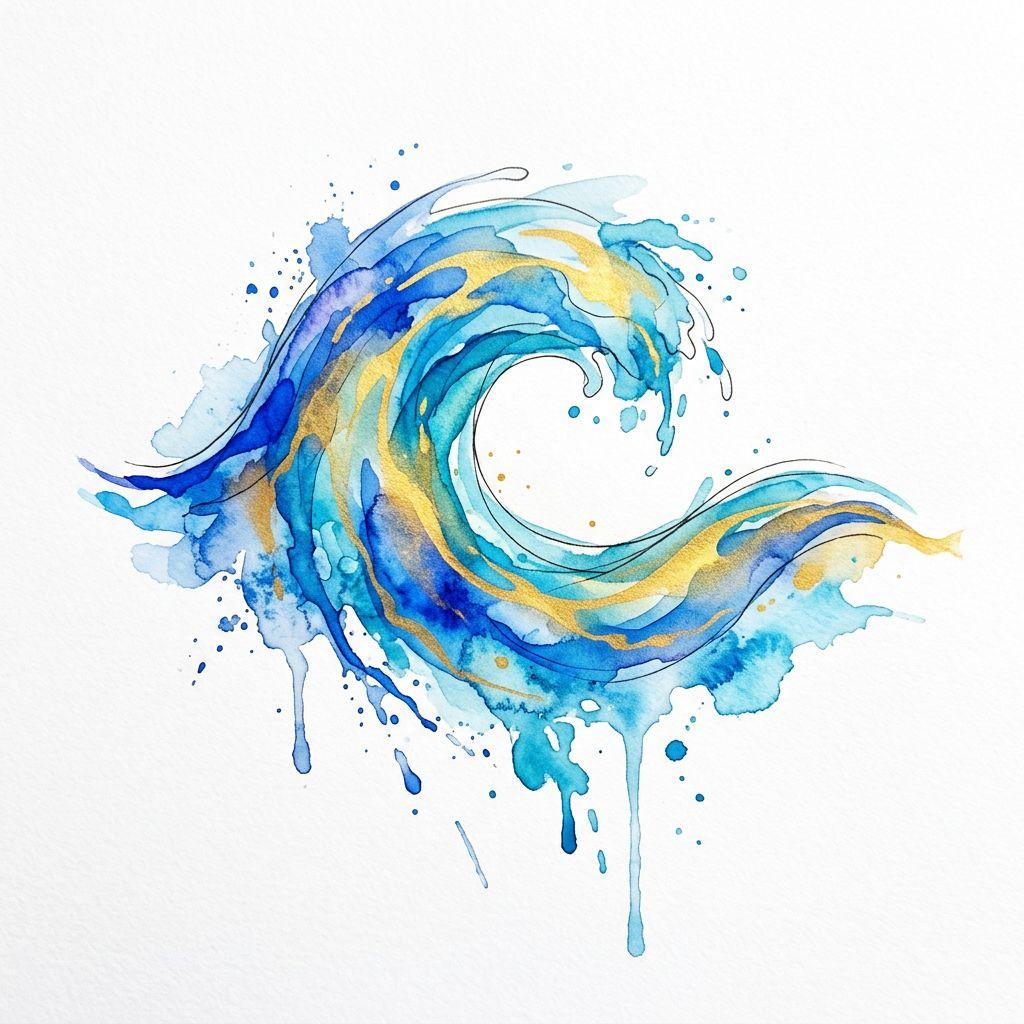 idée tatouage épaule vague aquarelle bleue, design sur fond blanc