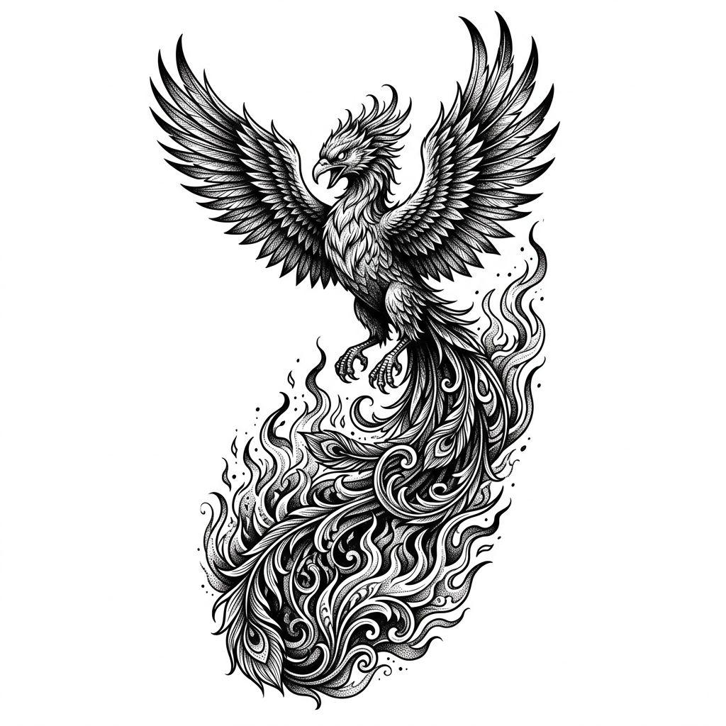 idée tatouage épaule composition phénix premium, design sur fond blanc