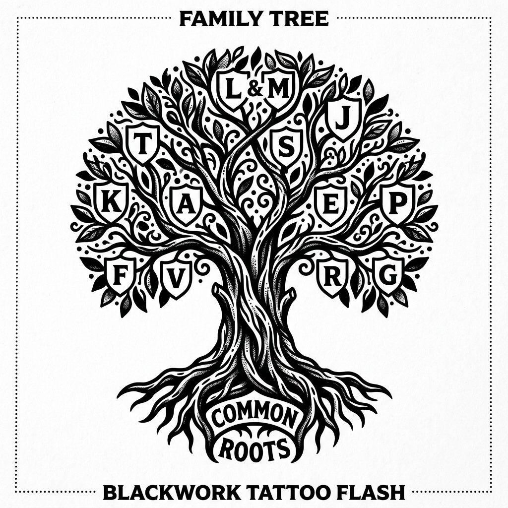 idée tatouage famille arbre généalogique blackwork, design sur fond blanc