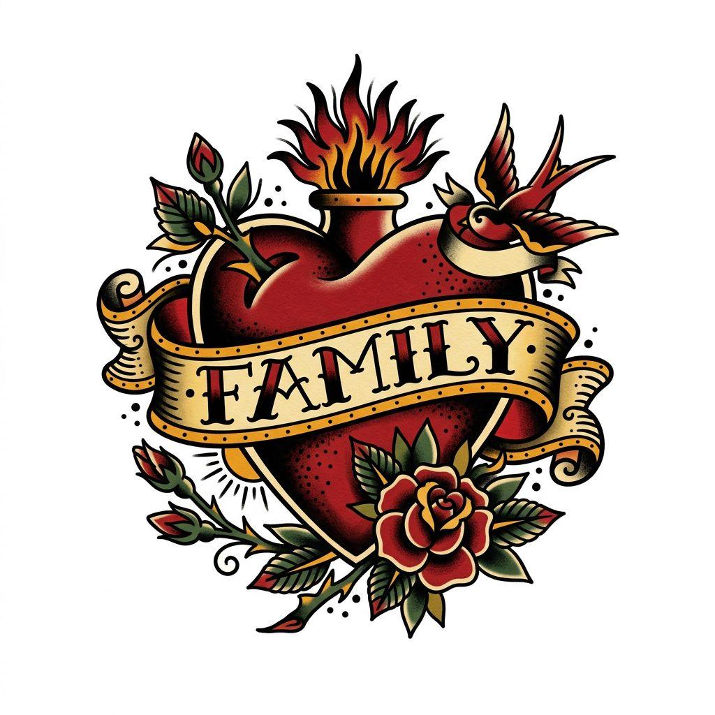 idée tatouage famille cœur old school 'family', design sur fond blanc