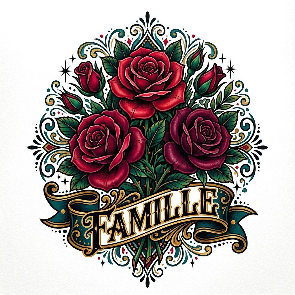 idée tatouage famille roses néo-traditionnelles famille, design sur fond blanc