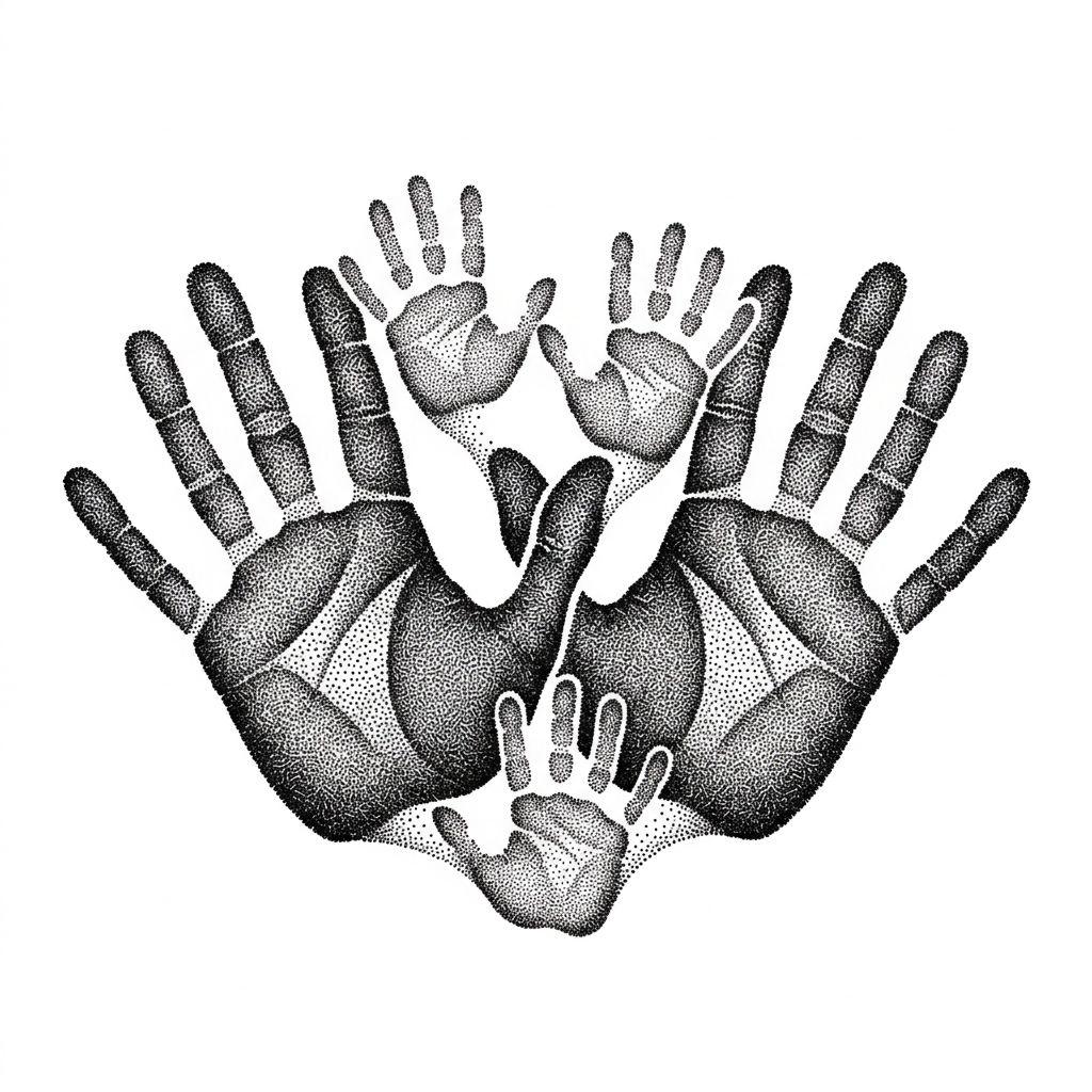 idée tatouage famille empreintes dotwork, design sur fond blanc