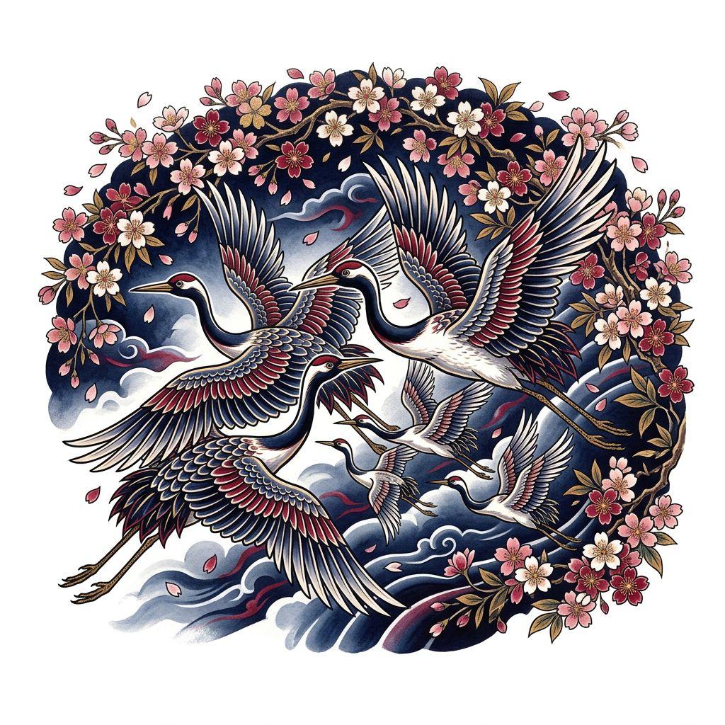 idée tatouage famille grues japonaises en vol, design sur fond blanc