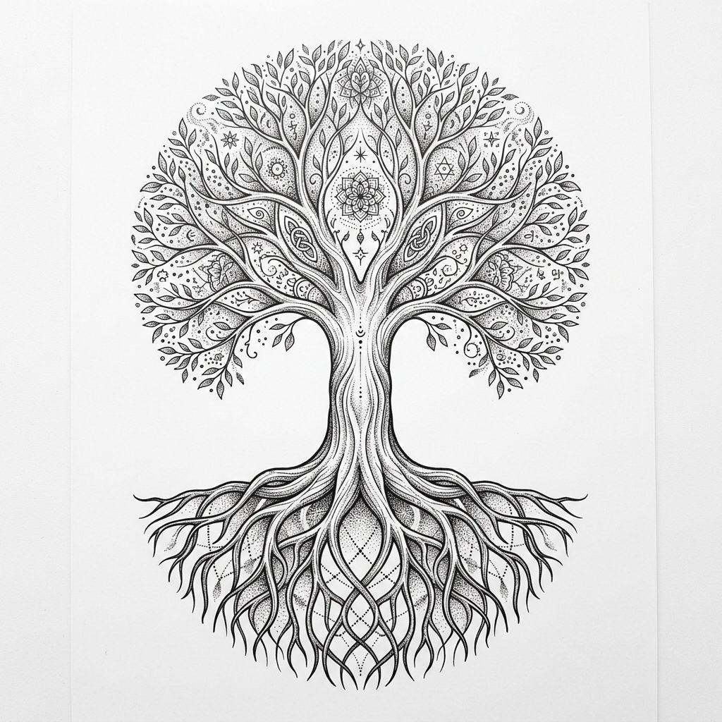 idée tatouage famille arbre de vie spirituel, design sur fond blanc