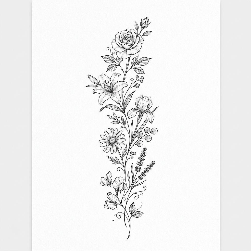 idée tatouage famille bouquet familial floral, design sur fond blanc