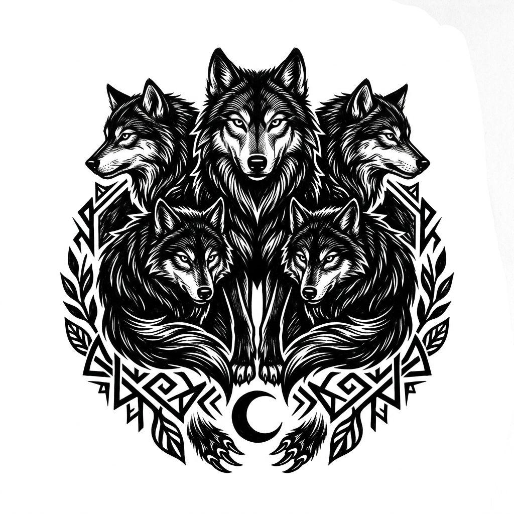 idée tatouage famille meute de loups, design sur fond blanc
