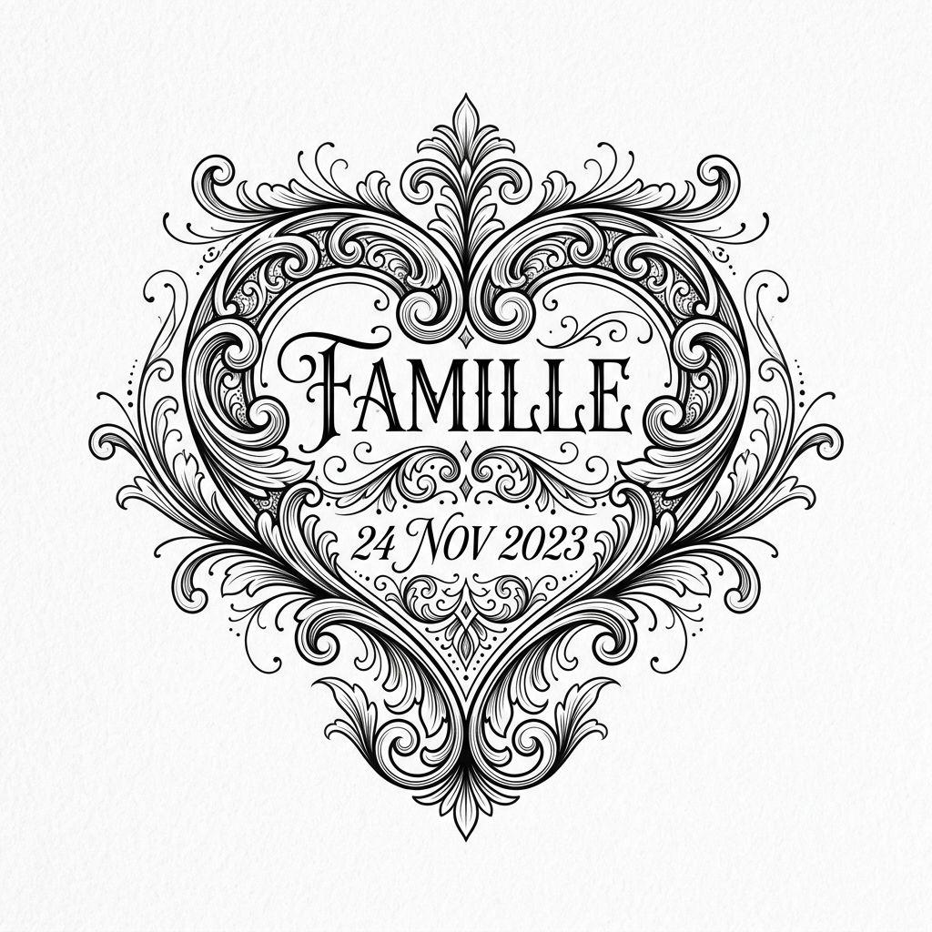 idée tatouage famille cœur ornemental 'famille', design sur fond blanc