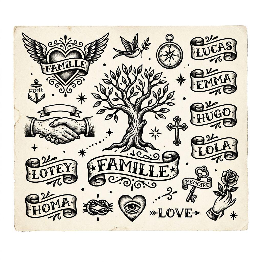 idée tatouage famille patchwork famille flash, design sur fond blanc