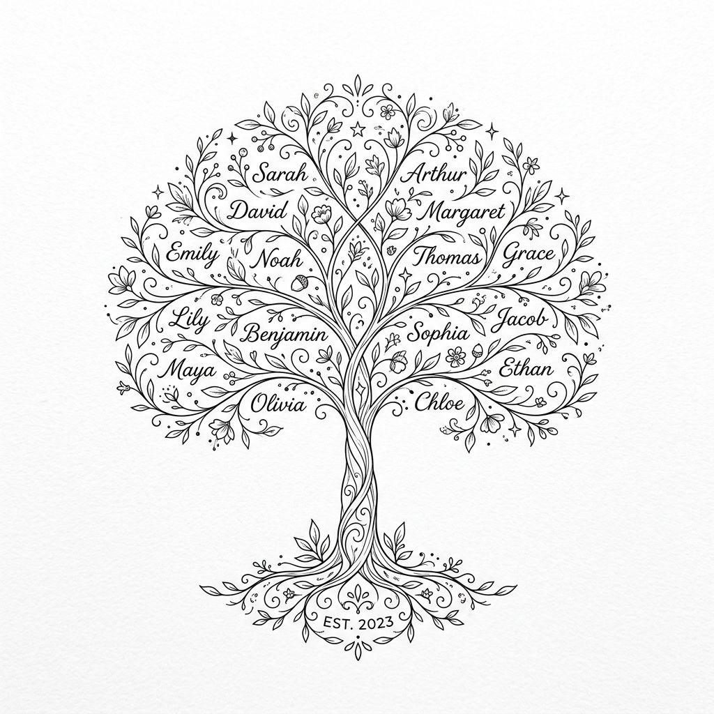 idée tatouage famille homme arbre généalogique fine line, design sur fond blanc