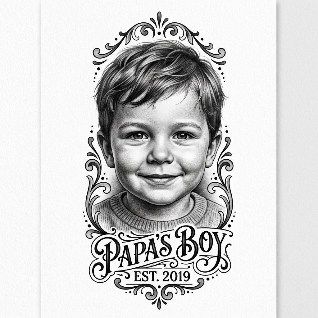 idée tatouage famille homme portrait enfant réaliste, design sur fond blanc