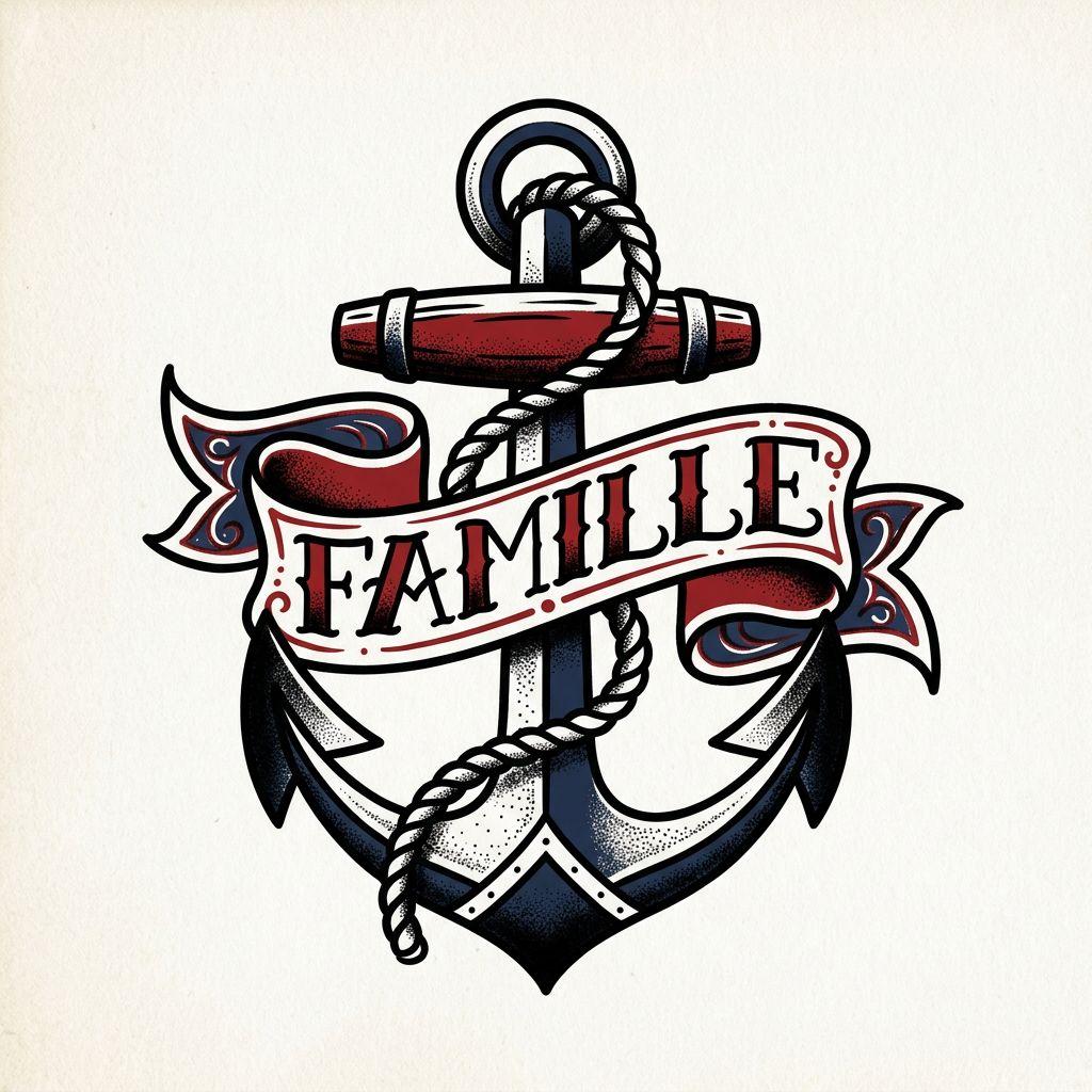 idée tatouage famille homme ancre familiale old school, design sur fond blanc