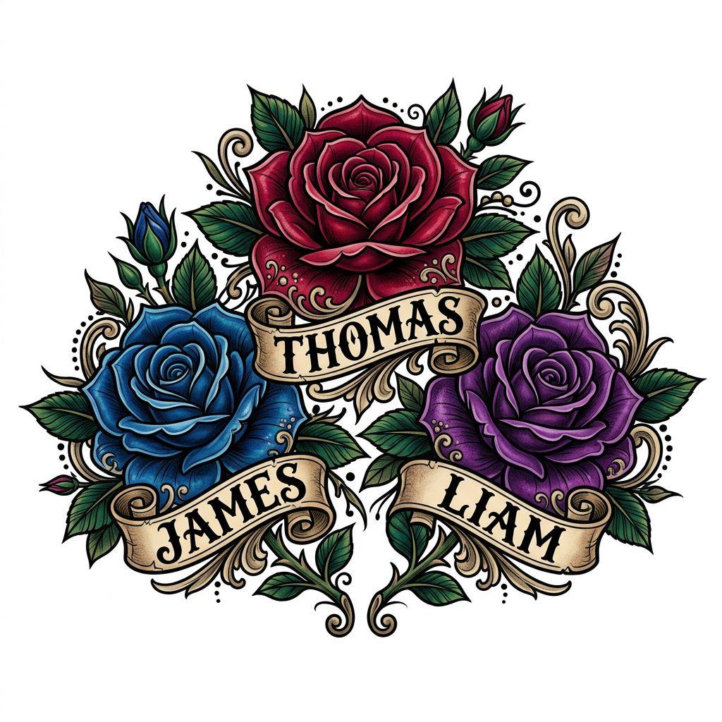 idée tatouage famille homme roses néo-traditionnelles enfants, design sur fond blanc