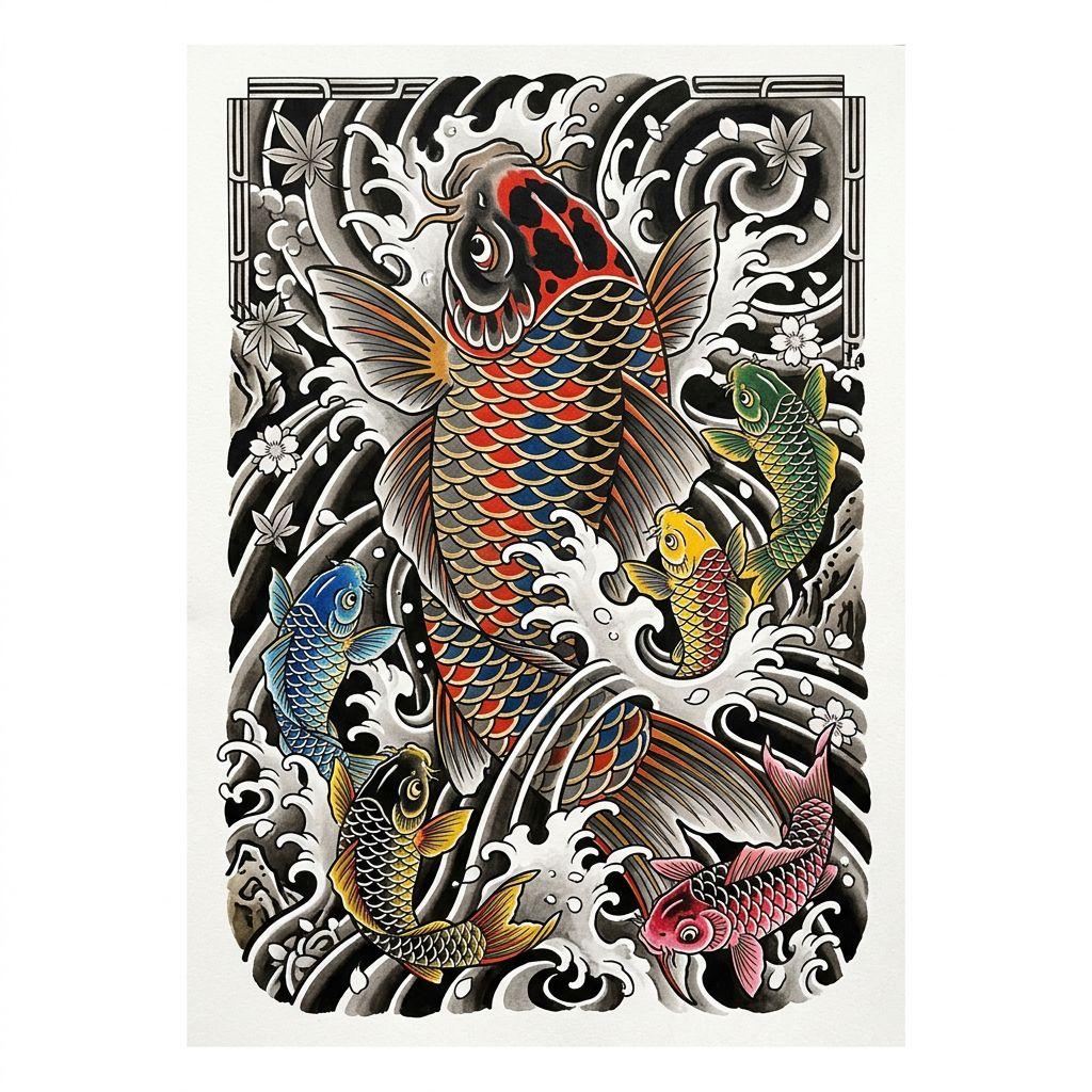 idée tatouage famille homme carpe koï famille, design sur fond blanc