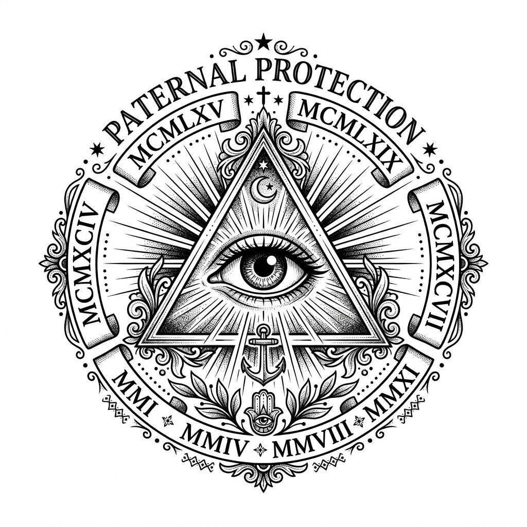 idée tatouage famille homme œil protecteur paternel, design sur fond blanc