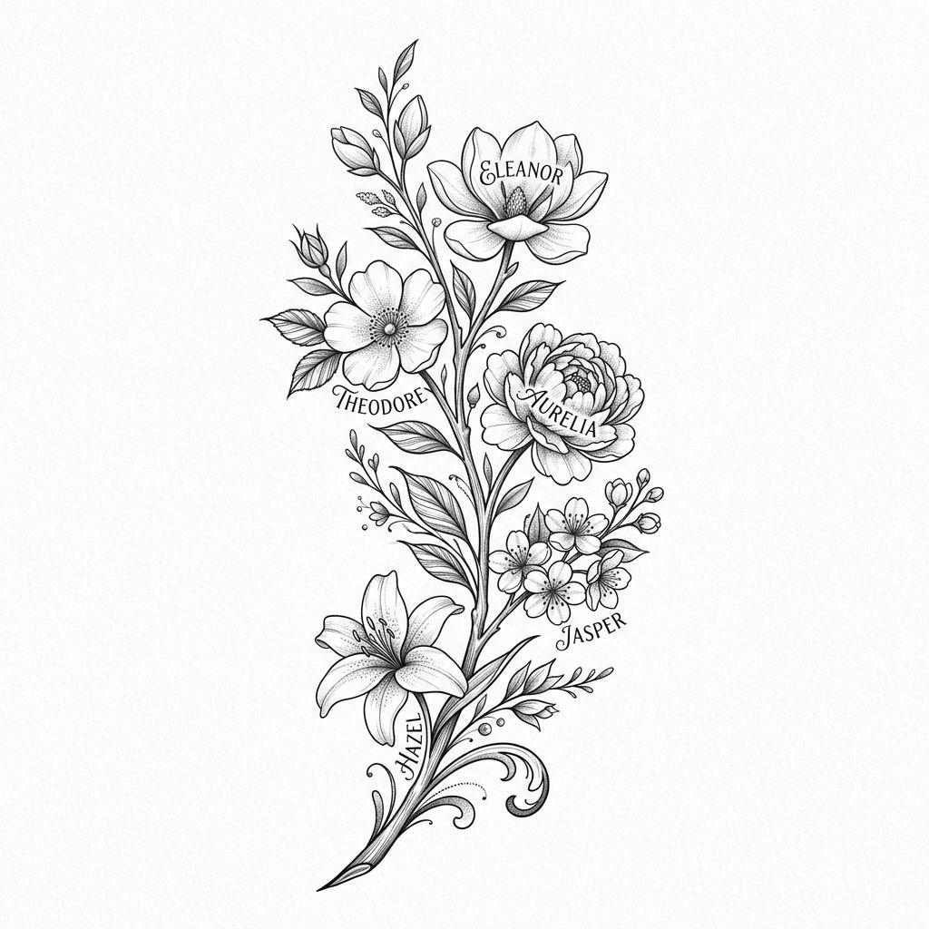 idée tatouage famille homme branche florale prénoms, design sur fond blanc