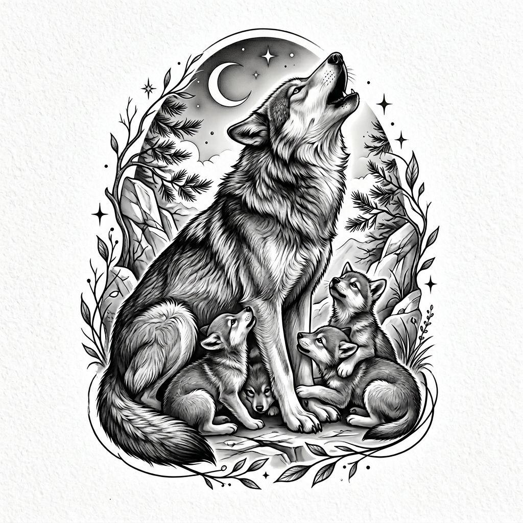 idée tatouage famille homme loup et louveteaux, design sur fond blanc