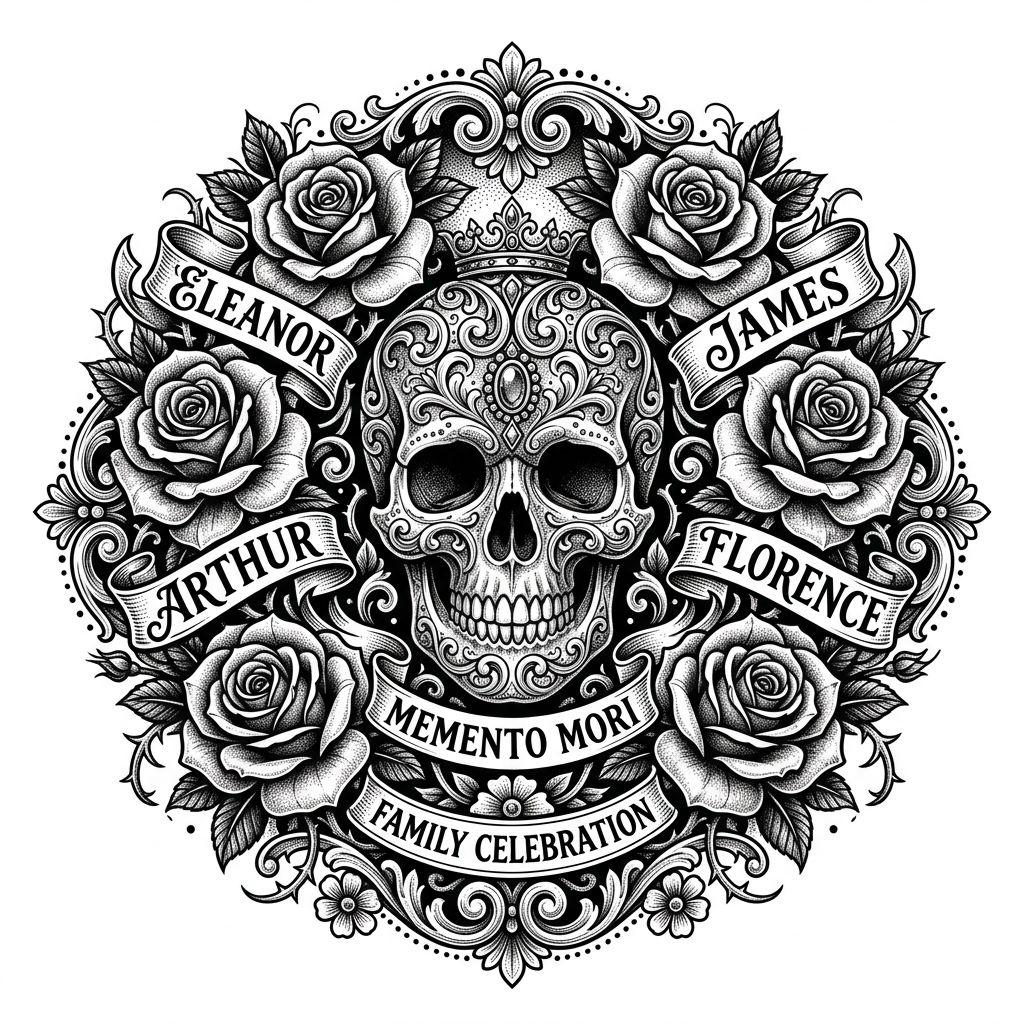 idée tatouage famille homme crâne et roses famille, design sur fond blanc
