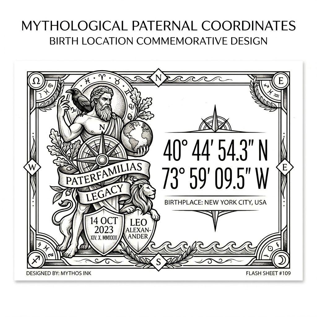 idée tatouage famille homme coordonnées gps naissance, design sur fond blanc