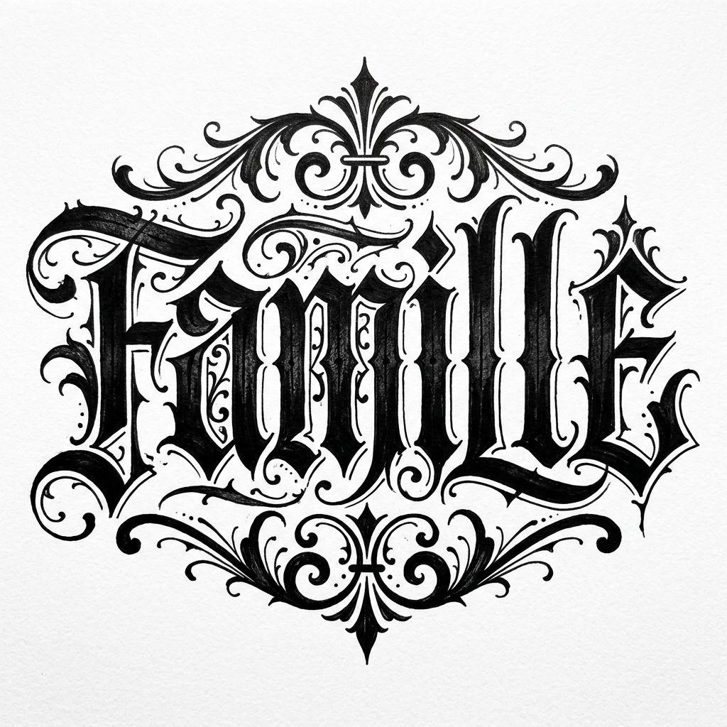 idée tatouage famille homme lettrage famille gothique, design sur fond blanc