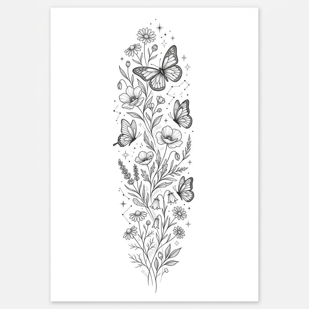 idée tatouage femme bras manche florale fine line, design sur fond blanc
