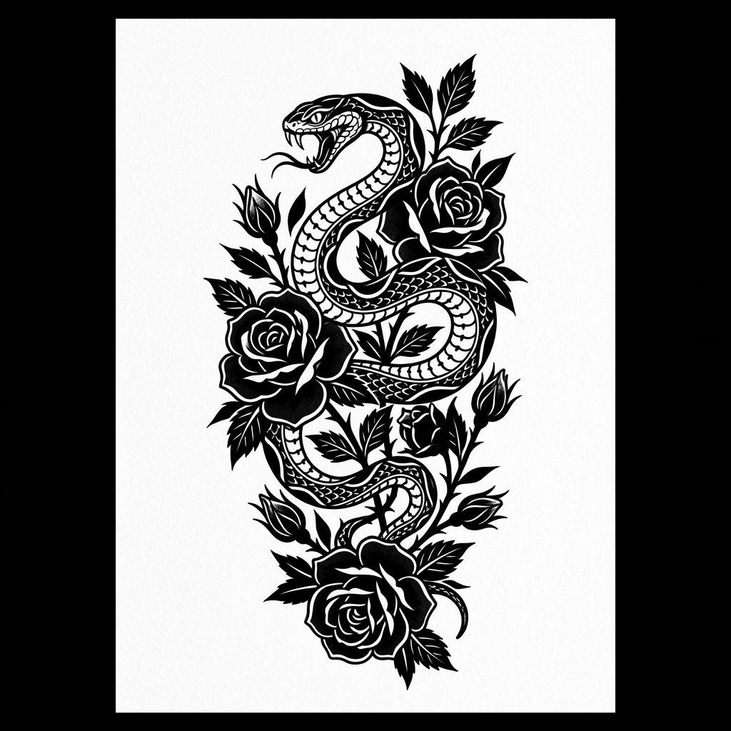 idée tatouage femme bras serpent floral blackwork, design sur fond blanc