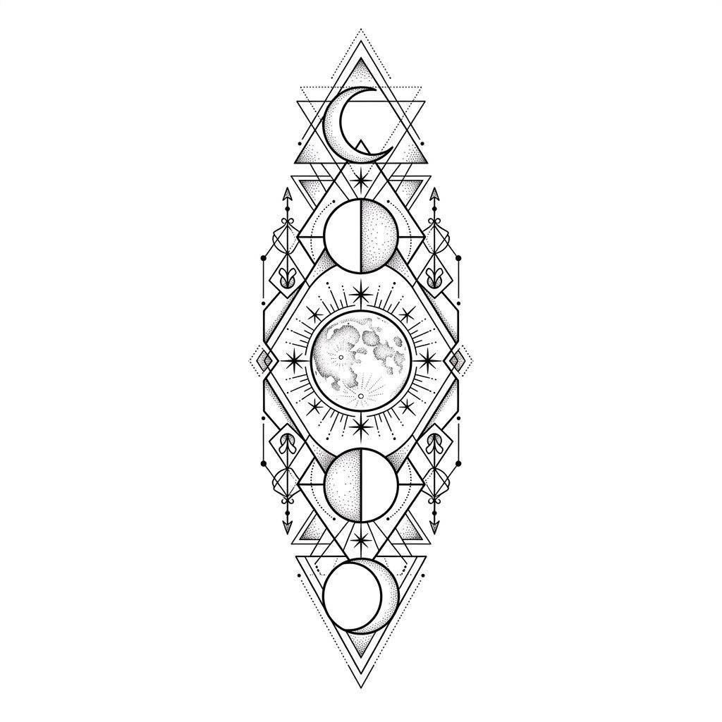 idée tatouage femme bras lune géométrique verticale, design sur fond blanc