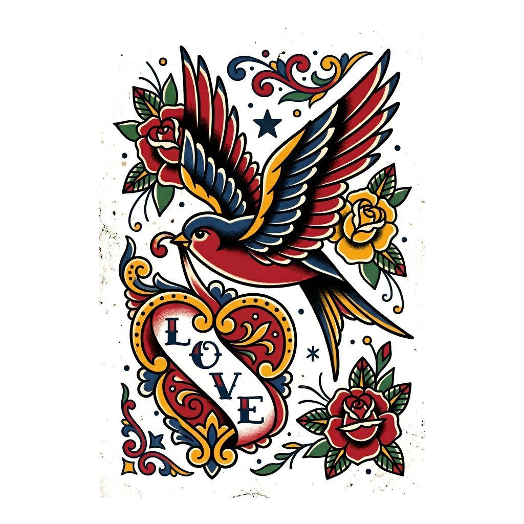 idée tatouage femme bras hirondelle old school féminin, design sur fond blanc
