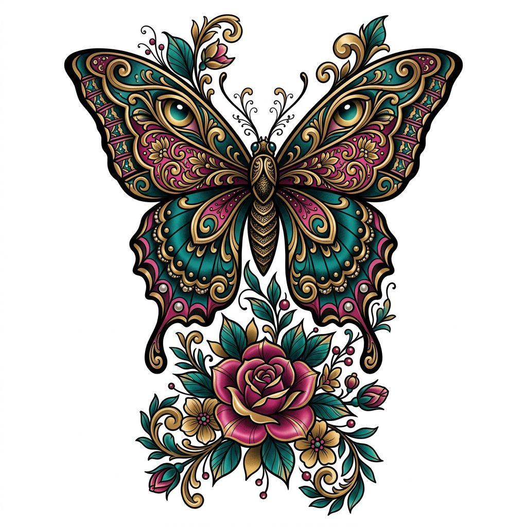 idée tatouage femme bras papillon néo-traditionnel sleeve, design sur fond blanc