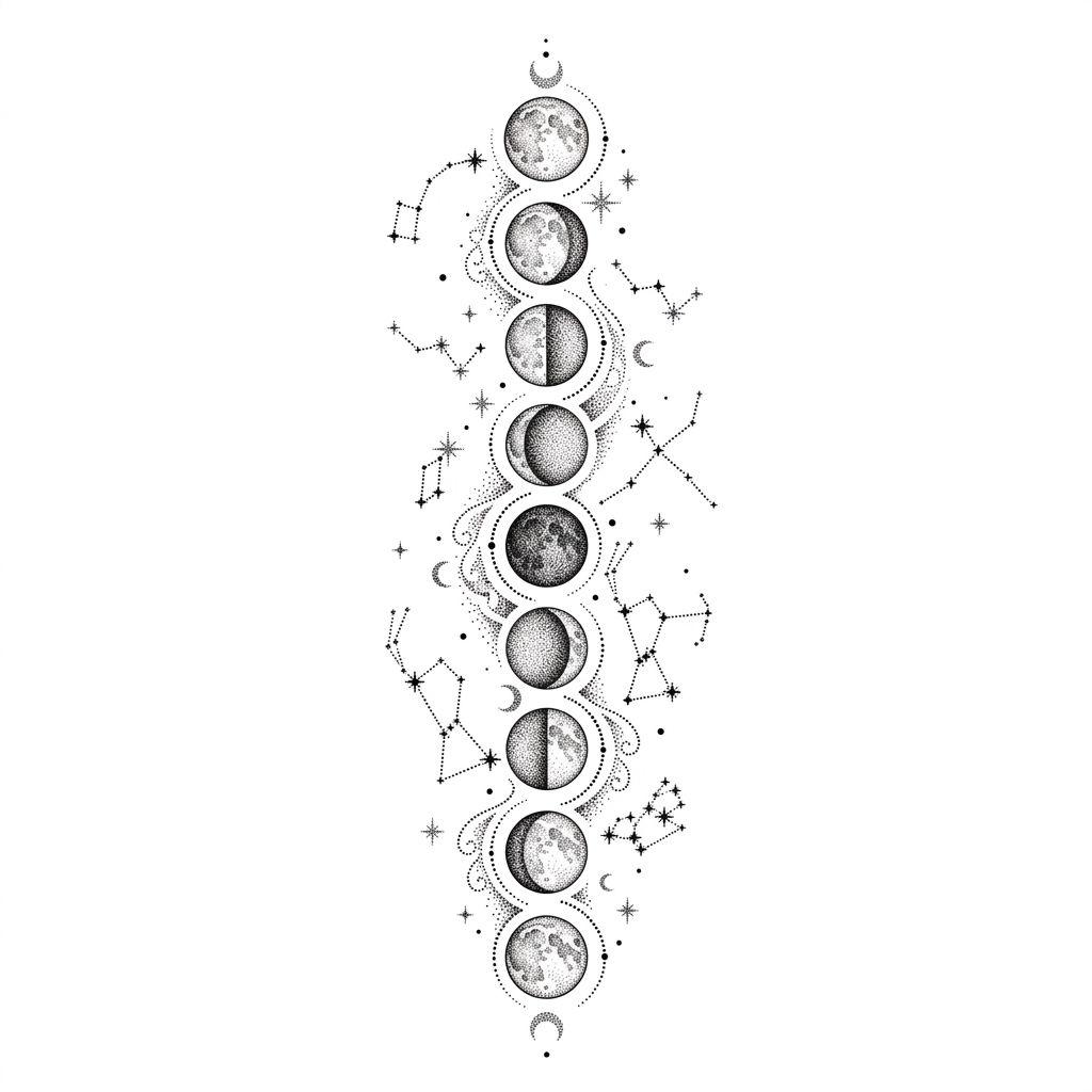 idée tatouage femme bras phases lunaires dotwork, design sur fond blanc