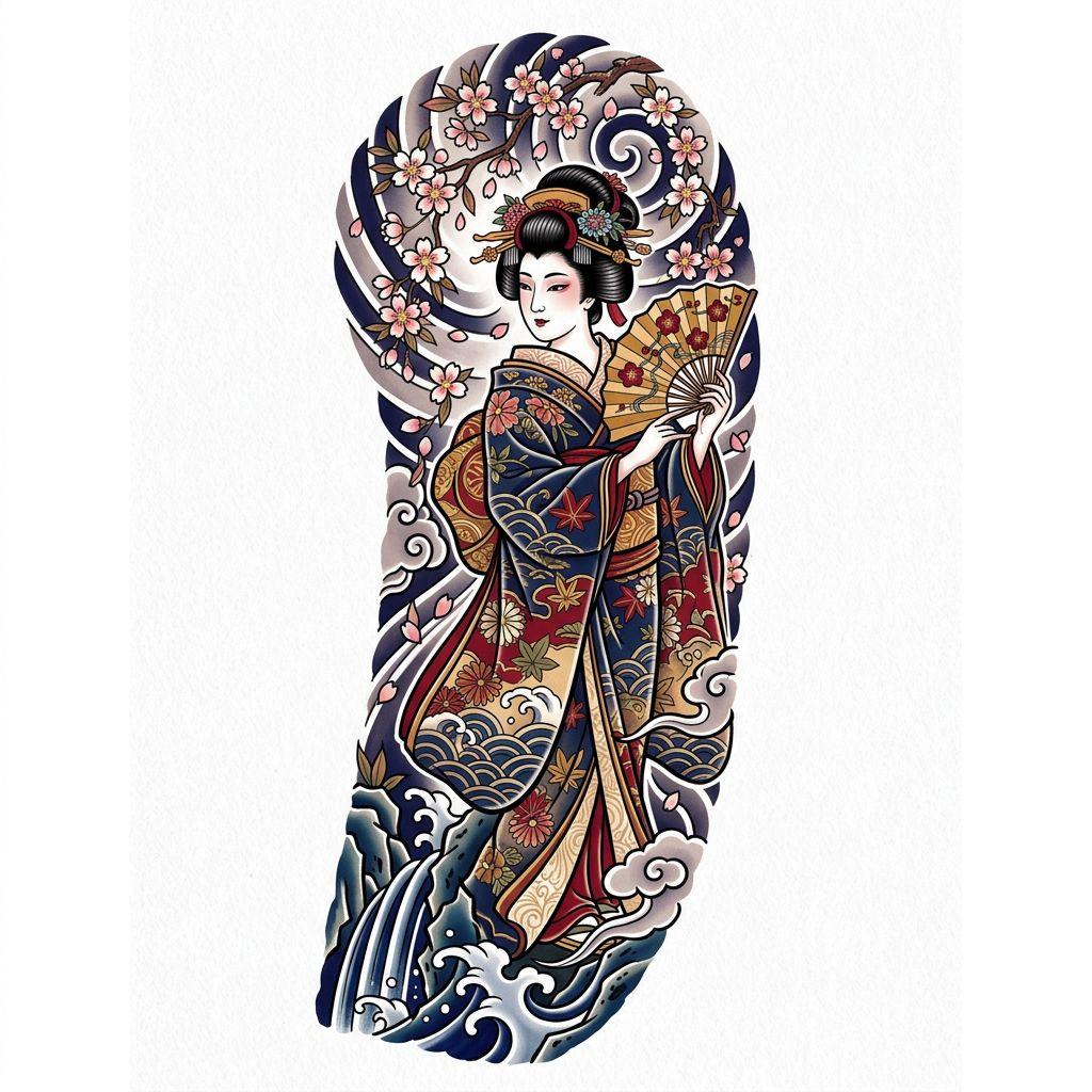 idée tatouage femme bras geisha japonaise sleeve, design sur fond blanc