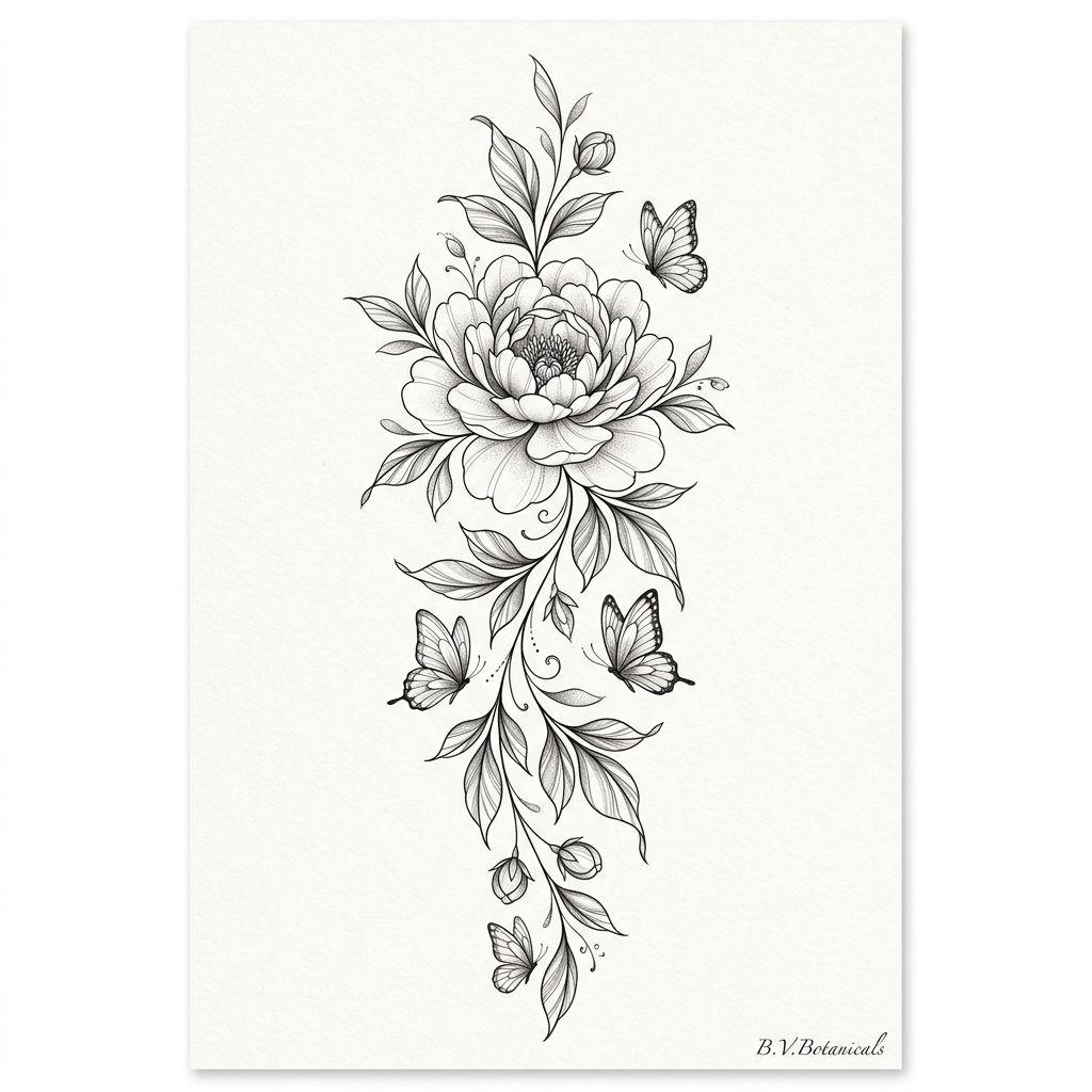idée tatouage femme bras pivoine florale composition, design sur fond blanc