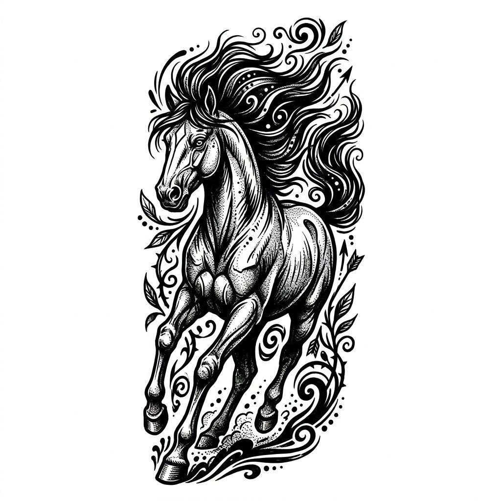 idée tatouage femme bras cheval sauvage, design sur fond blanc