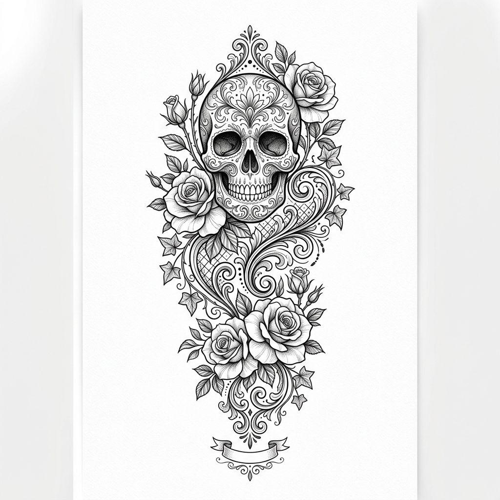 idée tatouage femme bras crâne fleuri, design sur fond blanc