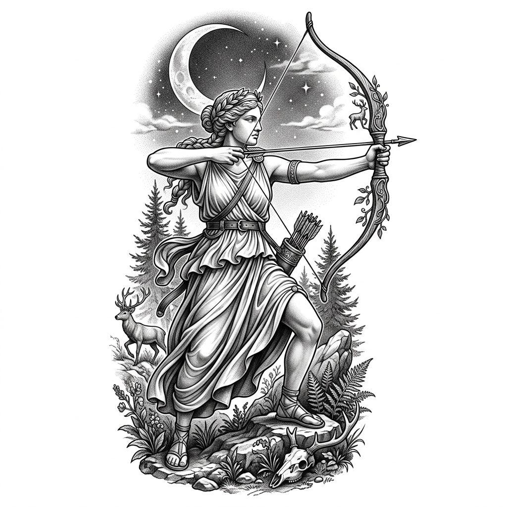 idée tatouage femme bras artémis mythologique, design sur fond blanc
