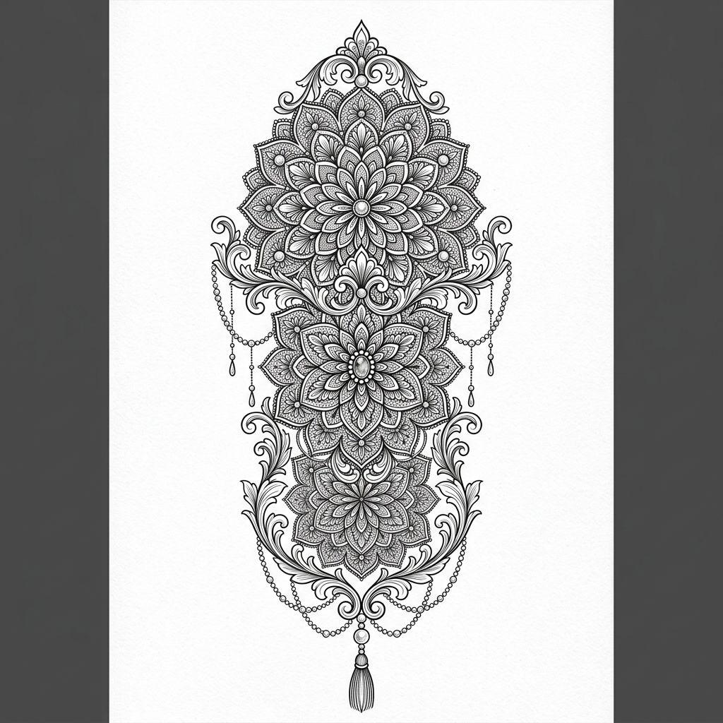 idée tatouage femme bras mandala lace sleeve, design sur fond blanc