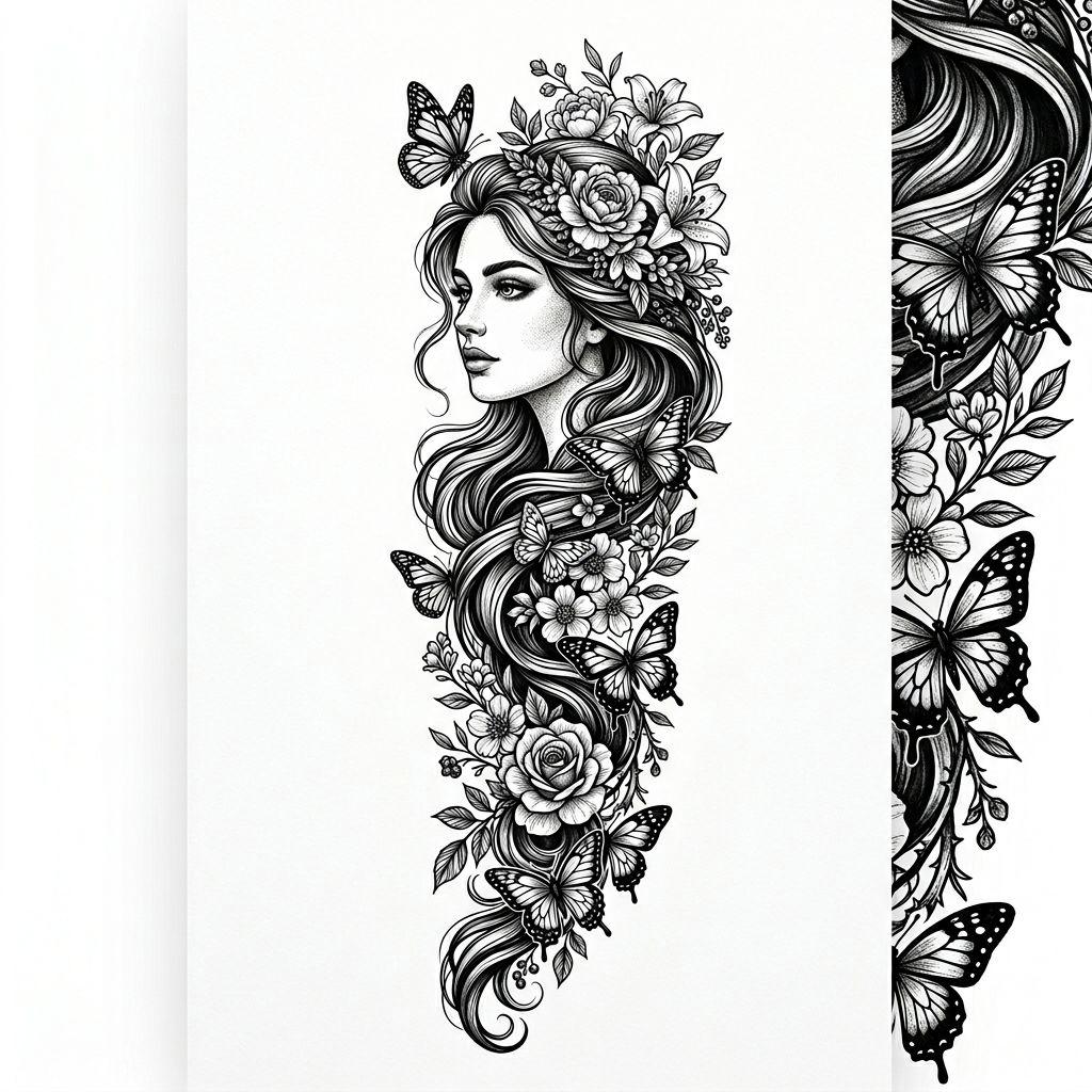 idée tatouage femme bras femme illustrative premium, design sur fond blanc