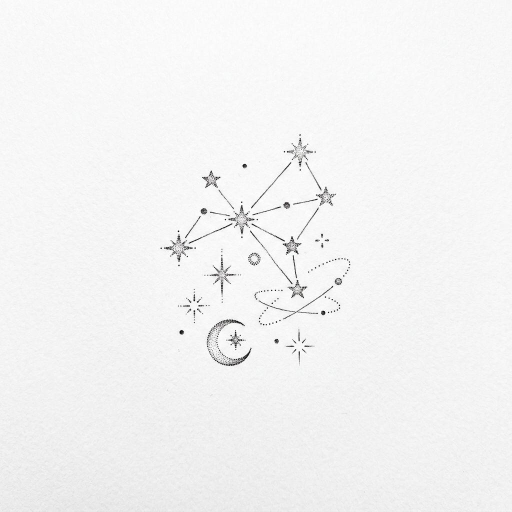 idée tatouage femme discret constellation dotwork, design sur fond blanc