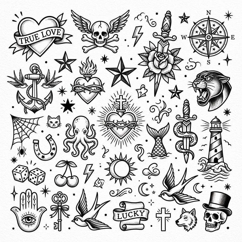 idée tatouage flash planche flash patchwork, design sur fond blanc