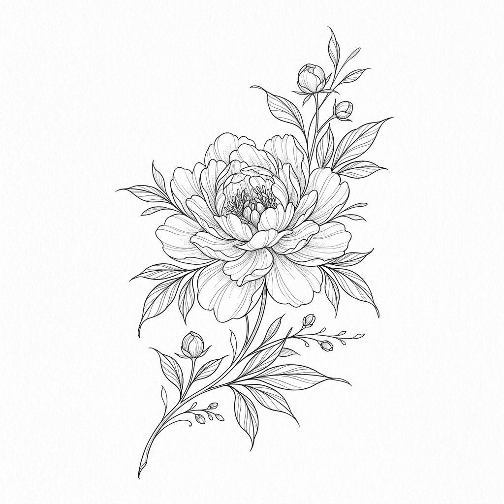 idée tatouage fleur pivoine fine line, design sur fond blanc